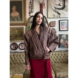 Vintage Express Textured Brown Leather Bomber Oversized Jacket Ladies Medium